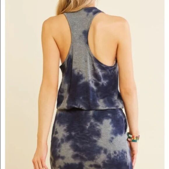 SUNDRY Blue Gray Tie Dye Racerback Drawstring Mini Tank Dress Size 2 - Picture 2 of 8